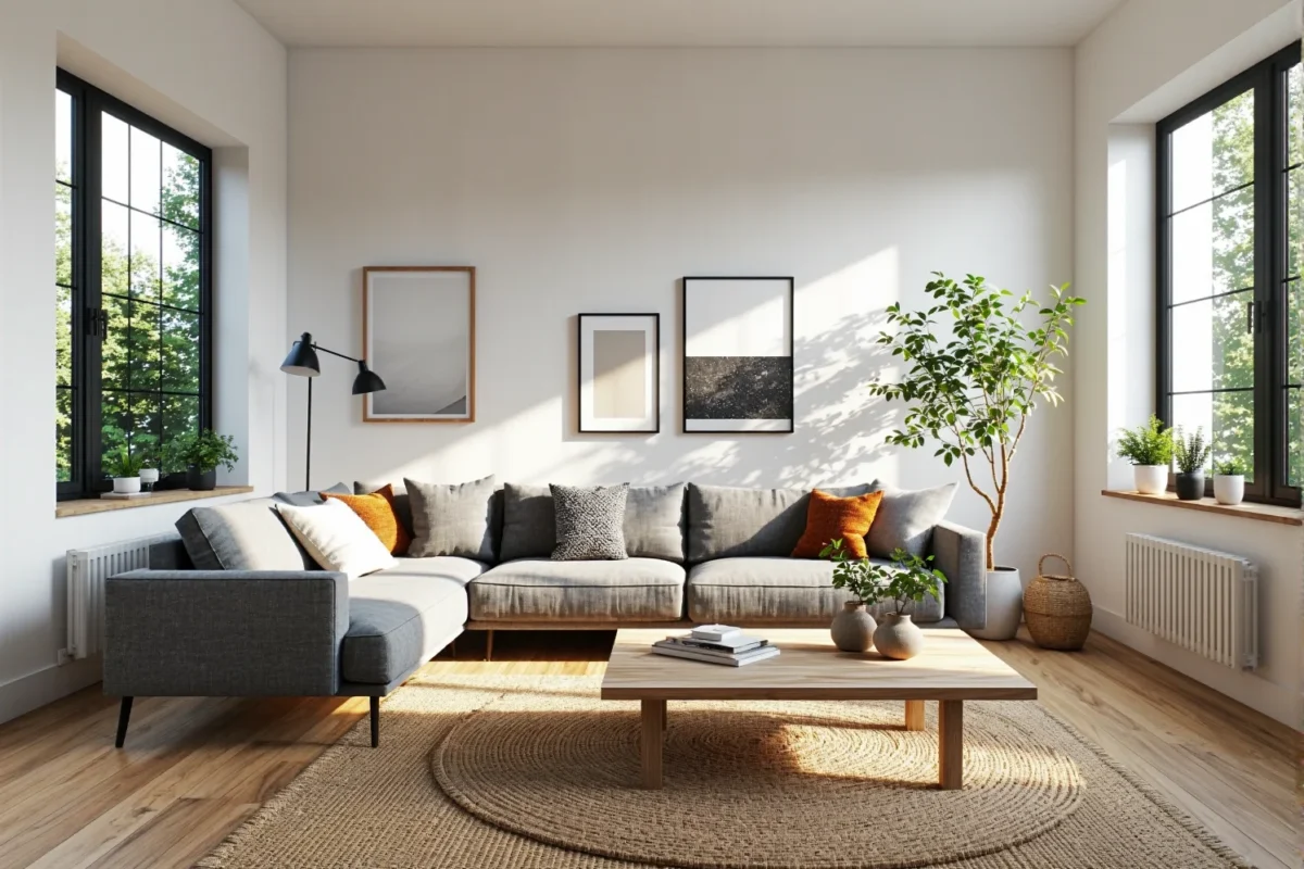 Narożna sofa szara na drewnianych nóżkach z poduszkami