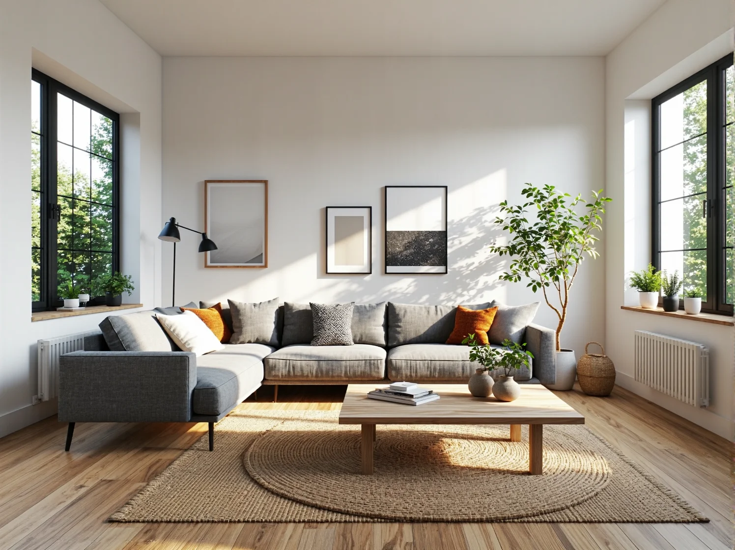 Narożna sofa szara na drewnianych nóżkach z poduszkami