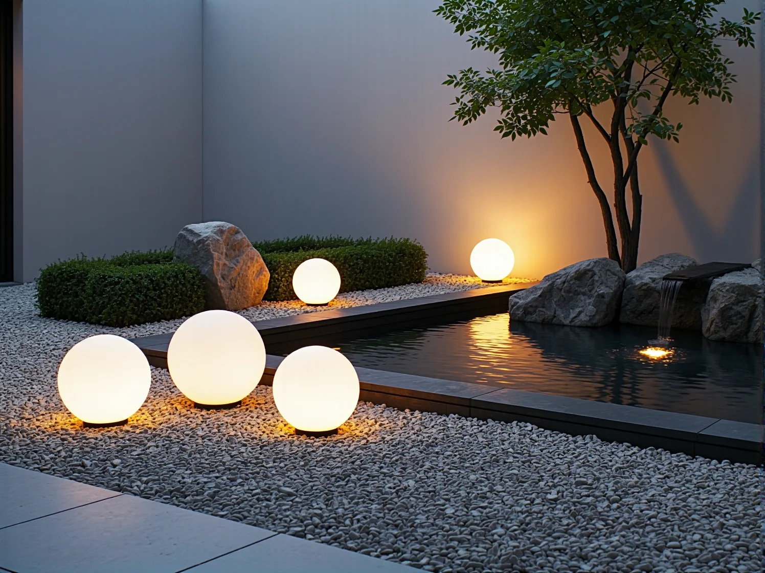 Kinkiety ogrodowe na ciemnej ścianie optycznie powiększające mały ogród.