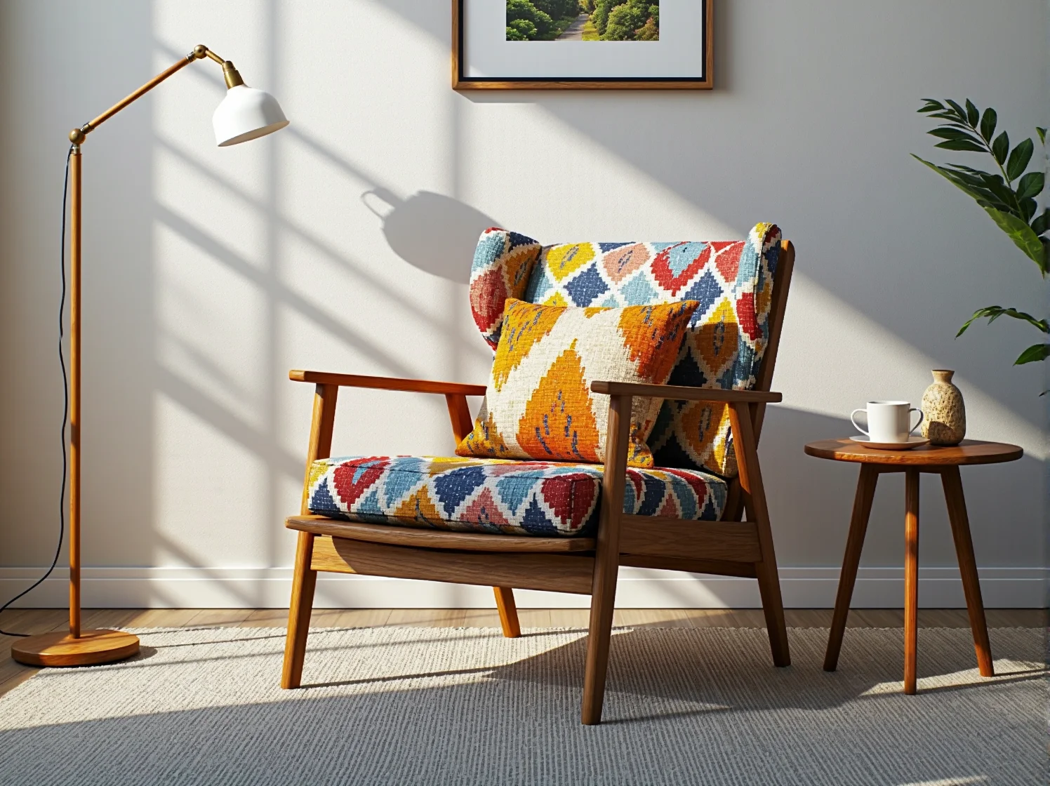 Drewniana komoda patyczak z lat 60. w nowoczesnym małym salonie