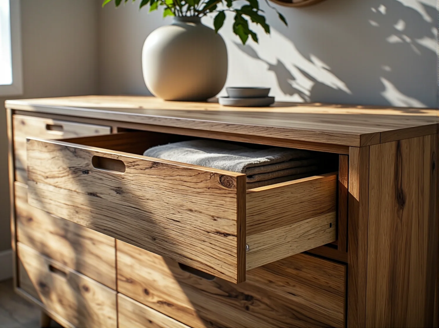 Komoda z materiałów z recyklingu w sypialni o małym metrażu – ekologiczne rozwiązanie do domu.