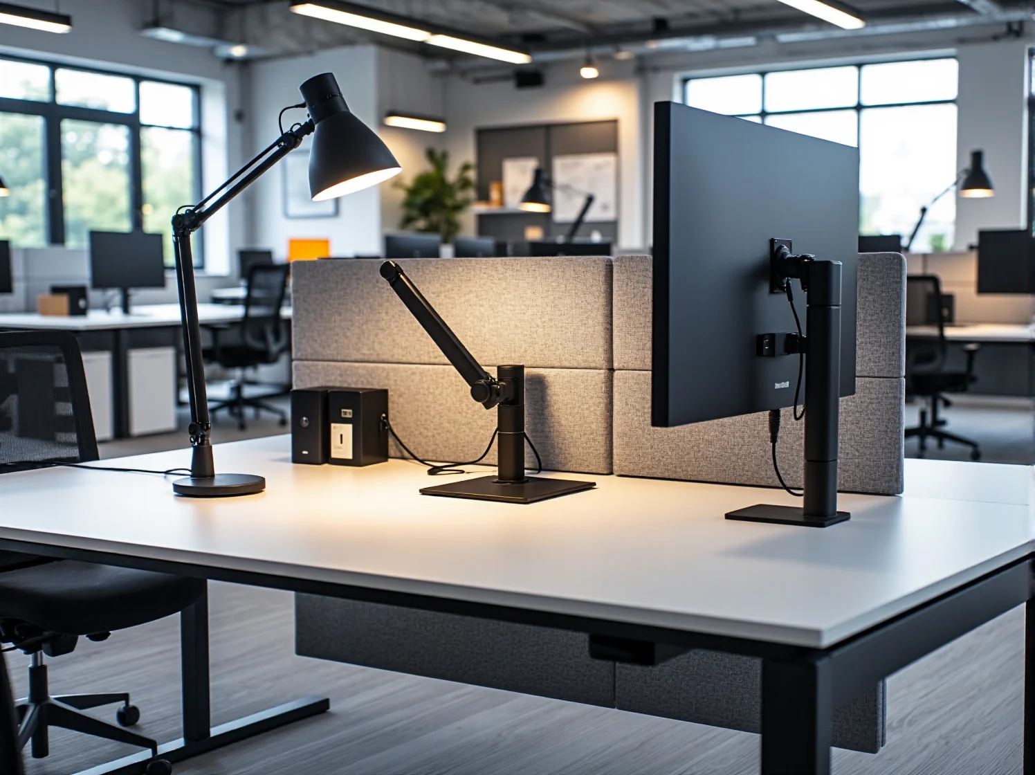 Konfiguracja biurek modułowych umożliwiająca elastyczne dopasowanie stanowisk pracy w biurze.