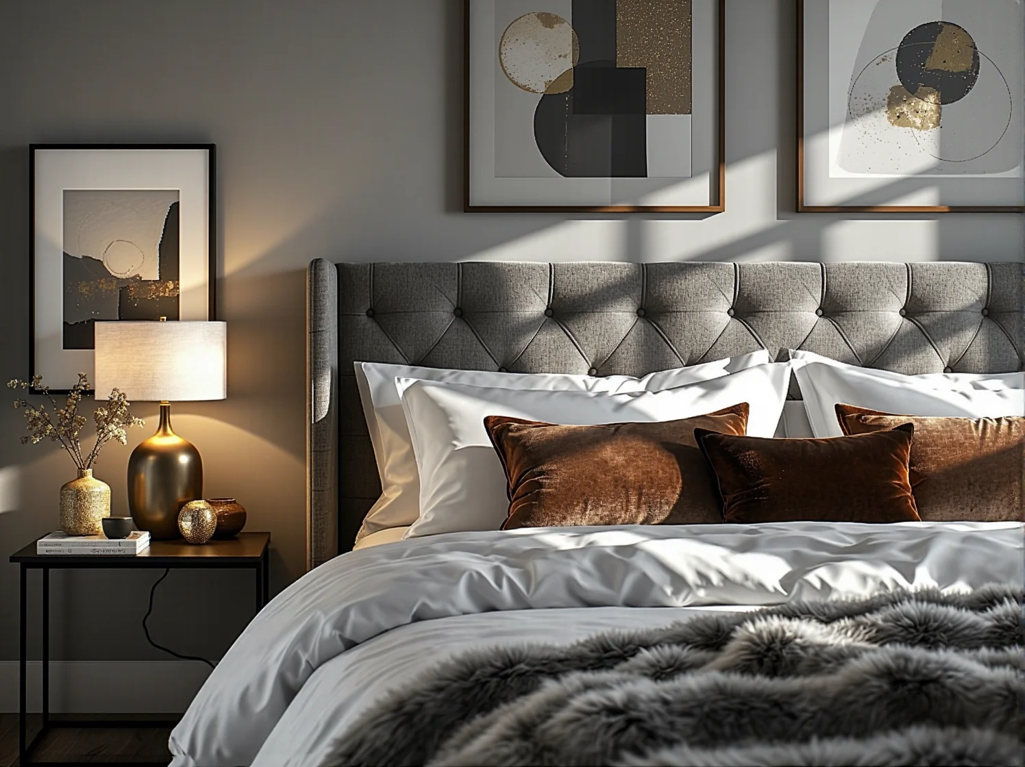 Stylowe oświetlenie i marmurowe blaty w kompaktowej kuchni połączonej z salonem w stylu glamour.