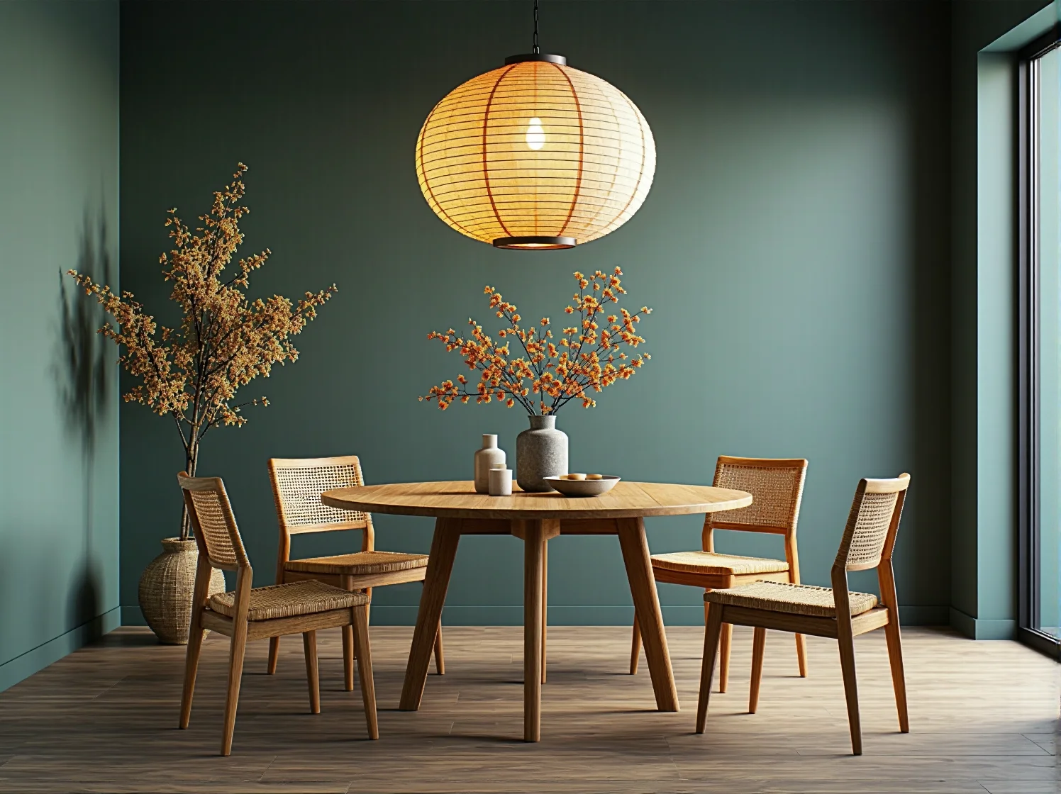 Kuchnia w stylu japandi z drewnianymi szafkami i ekologicznymi dodatkami, zrównoważony design.