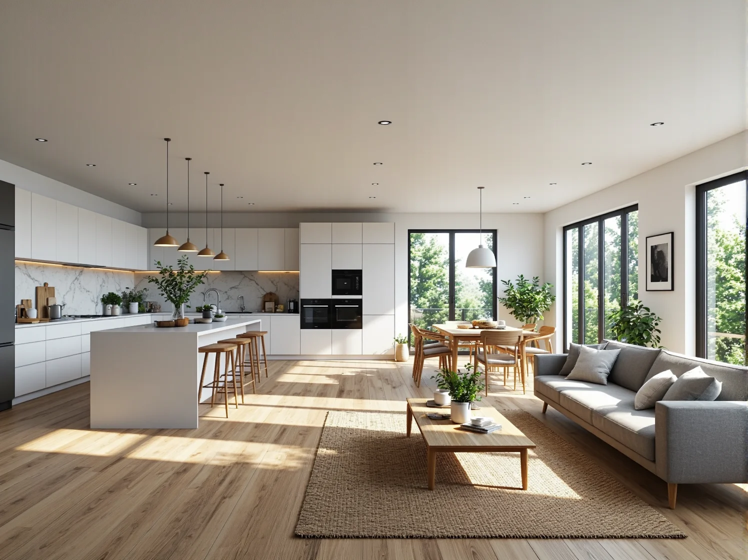 Białe meble kuchenne z wyspą i zabudową w stylu skandynawskim