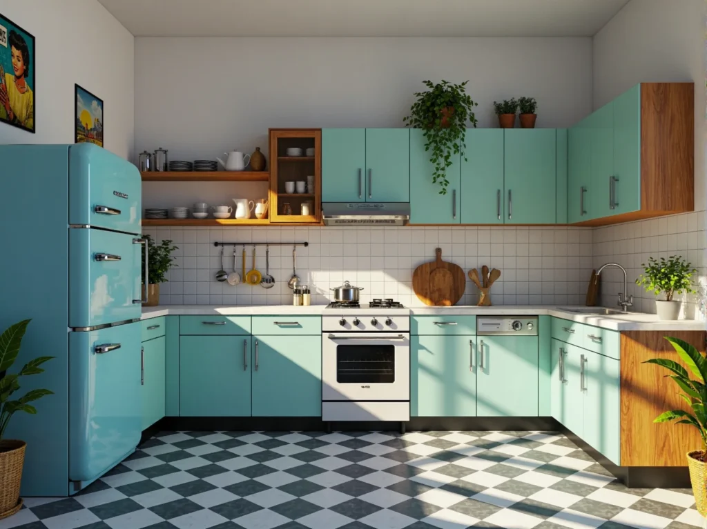 Zabudowa kuchenna miętowa w stylu retro z chromowanymi uchwytami