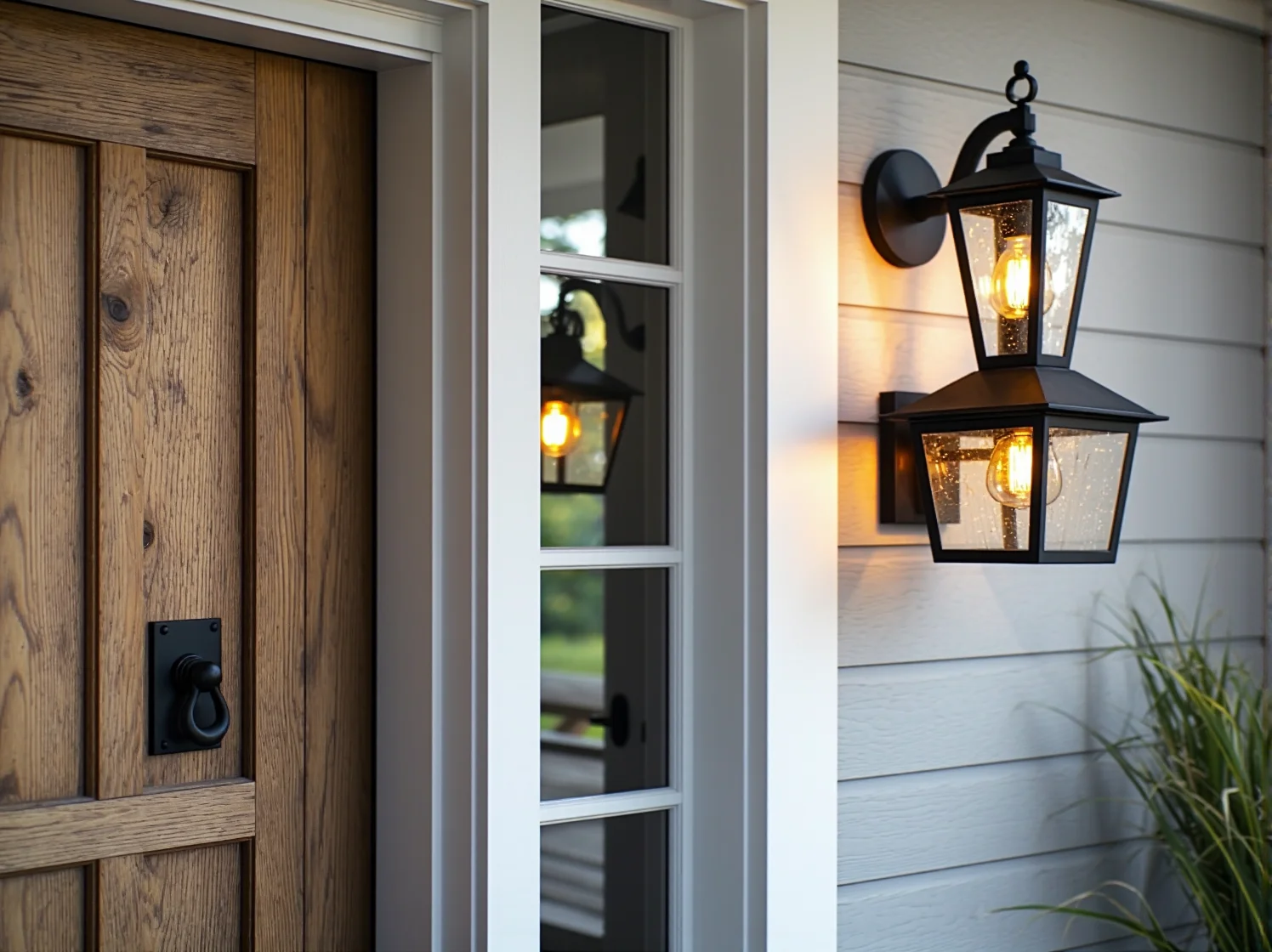 Ciepłe światło lamp elewacyjnych nad wejściem do tradycyjnego domu wiejskiego