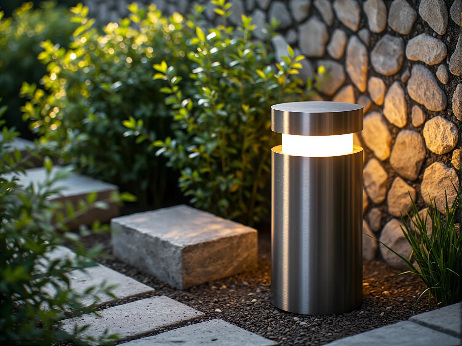 Geometryczne lampy stojące przy ścieżce w ogrodzie o surowym, nowoczesnym designie.