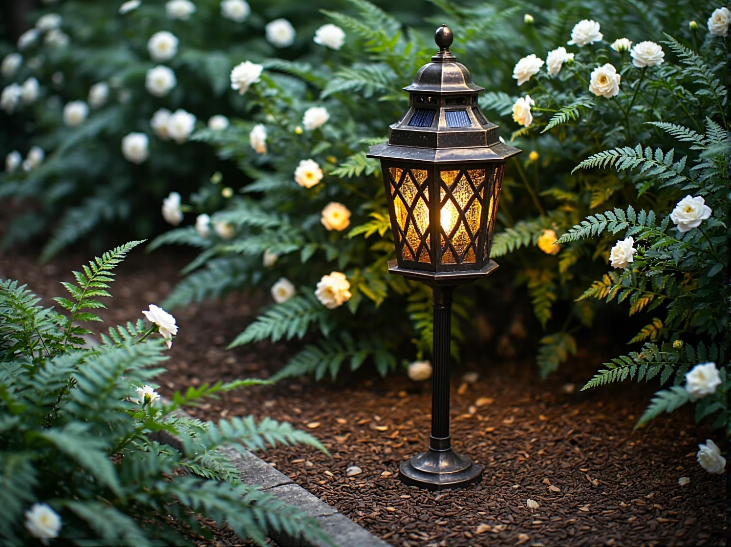 Stylowa latarnia solarna w stylu retro przy żwirowej alejce ogrodowej