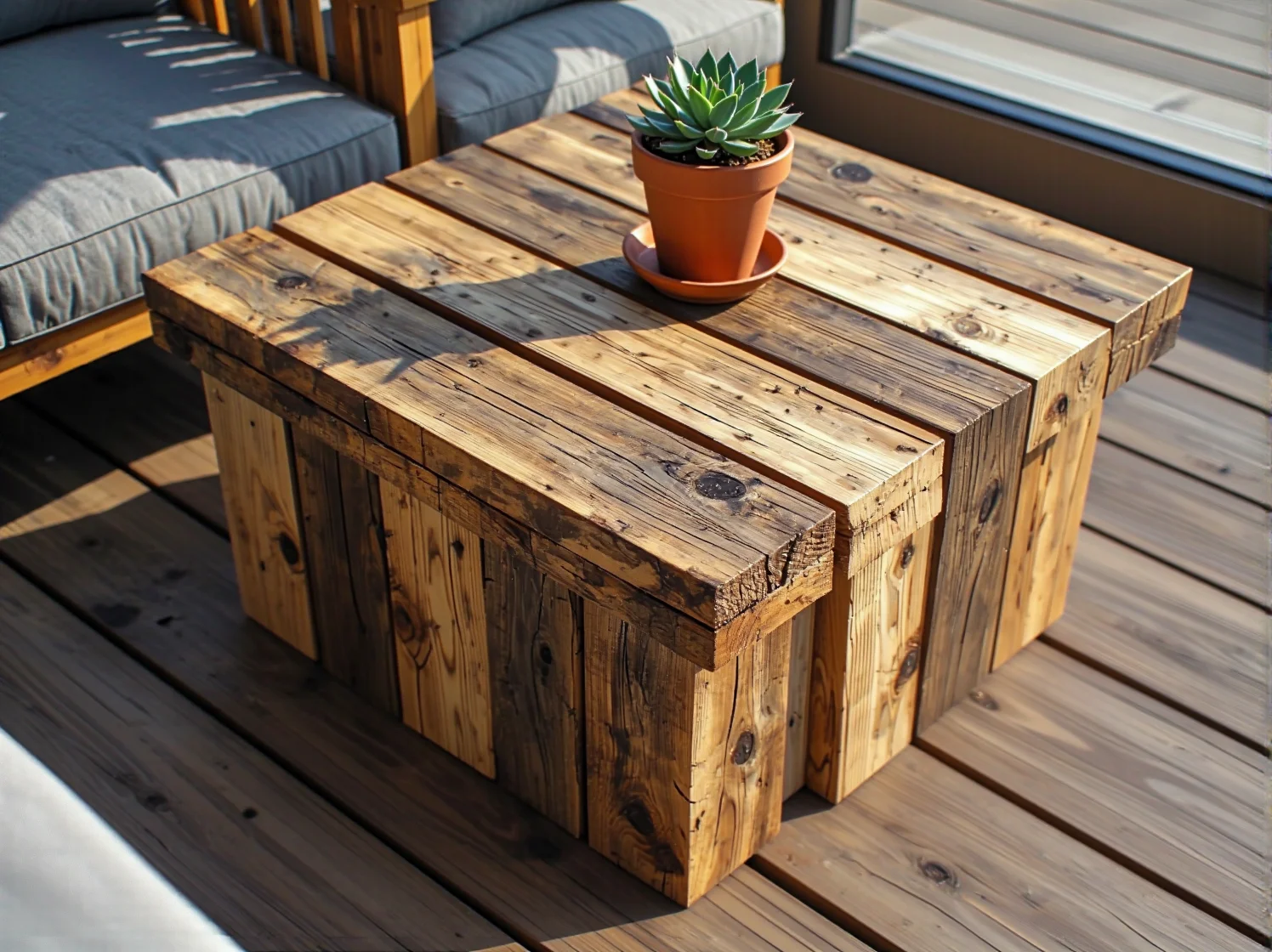 Zbliżenie na ławkę ogrodową DIY z odzyskanych desek, pokazujące fakturę drewna.