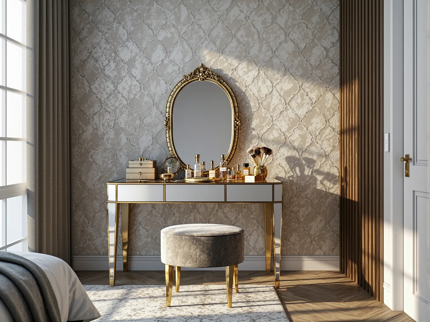 Funkcjonalne łóżko z pojemnikiem w sypialni glamour. Stylowe miejsce do przechowywania pościeli i dodatków.