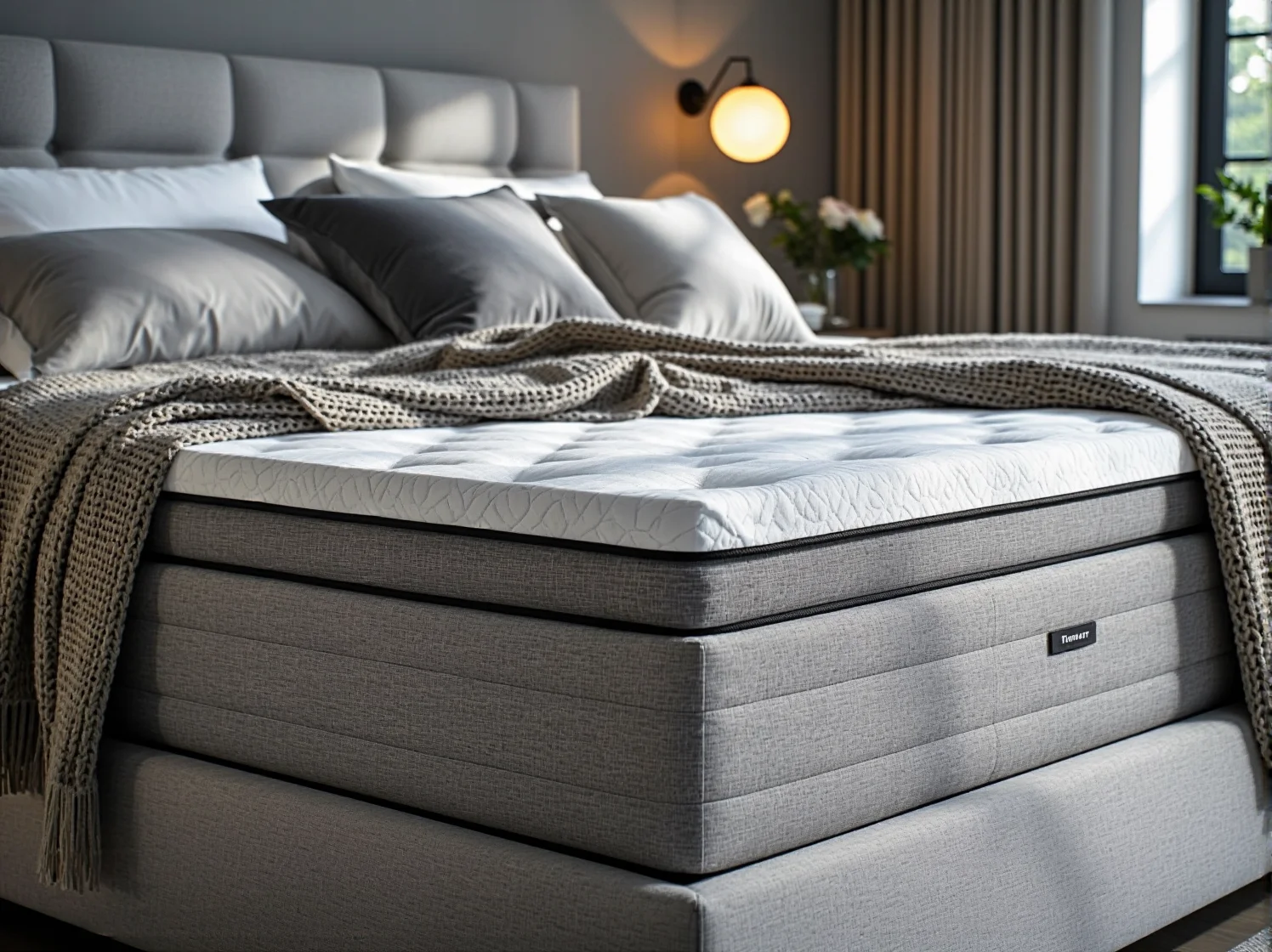 Jasne łóżko kontynentalne w stylu skandynawskim z drewnianymi nóżkami i miękkim zagłówkiem.