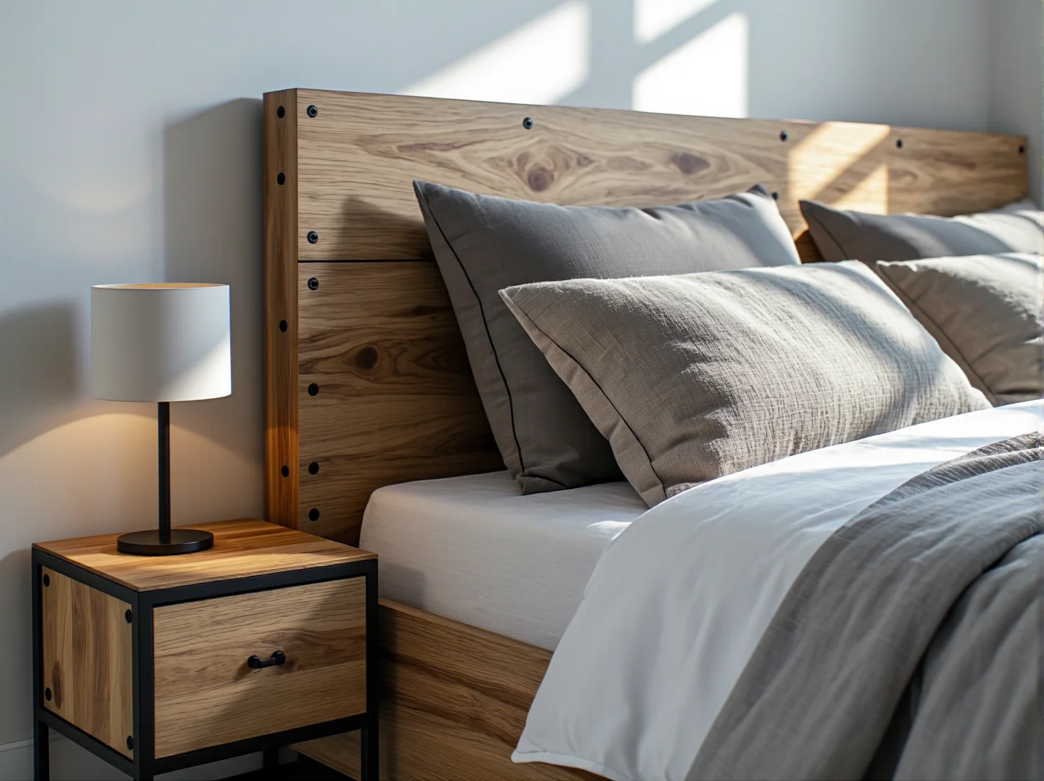 Nowoczesne łóżko modułowe ze stali i drewna w surowej sypialni industrialnej.