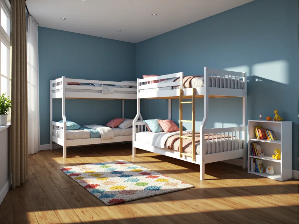 Białe łóżko piętrowe narożne z drabinką dla rodzeństwa