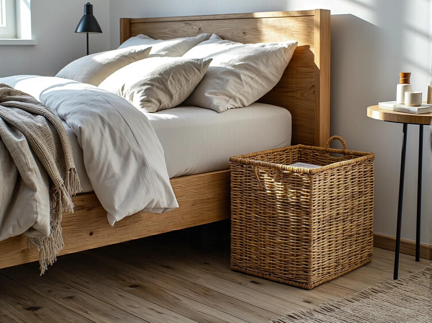 Łóżko skandynawskie dębowe z podnoszonym stelażem i obszernym miejscem na pościel.