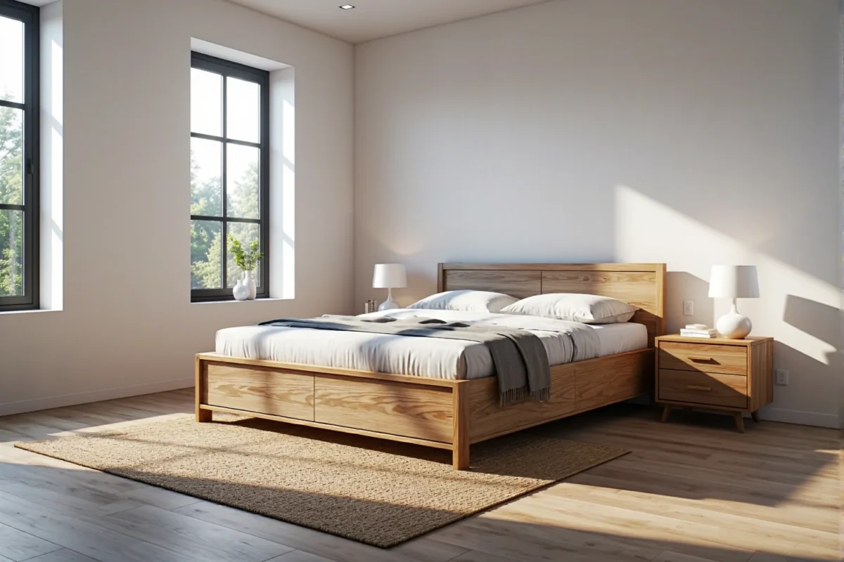 Drewniane łóżko dwuosobowe z szufladami w kolorze dąb naturalny