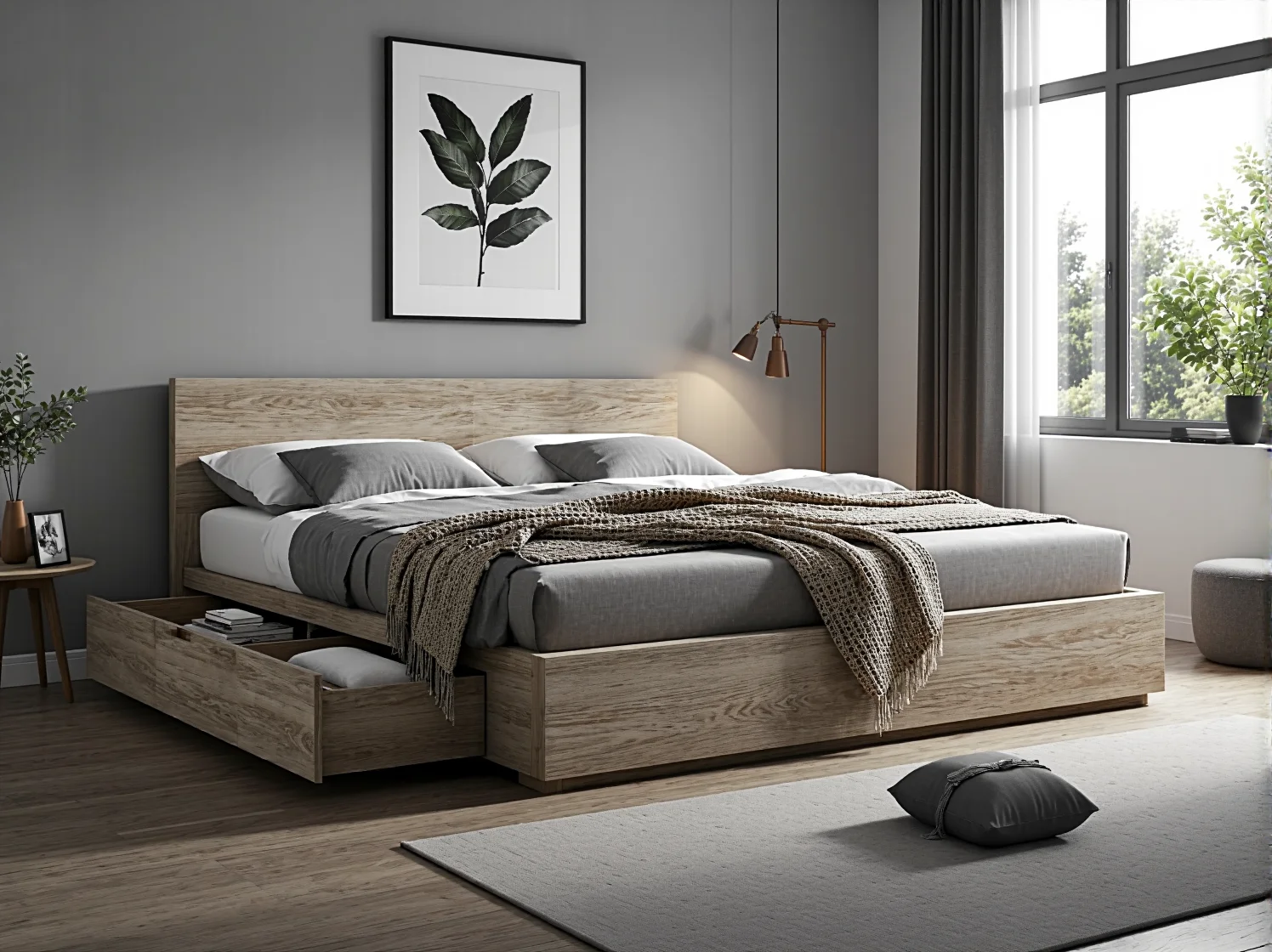 Stylowe łóżko ze zintegrowanymi szufladami jako sprytne rozwiązanie do małej sypialni.