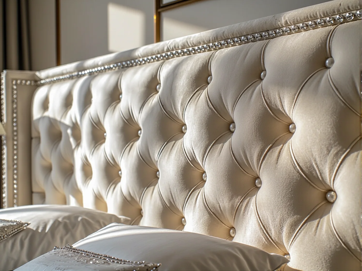 Luksusowe łóżko glamour z wysokim, pikowanym zagłówkiem i dużym schowkiem na pościel w nowoczesnej sypialni.