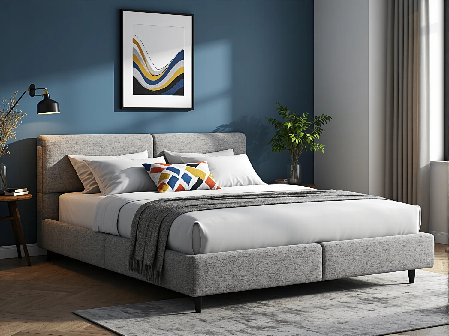 Nowoczesne łóżko kontynentalne z wysokim zagłowiem i miejscem na drobiazgi.