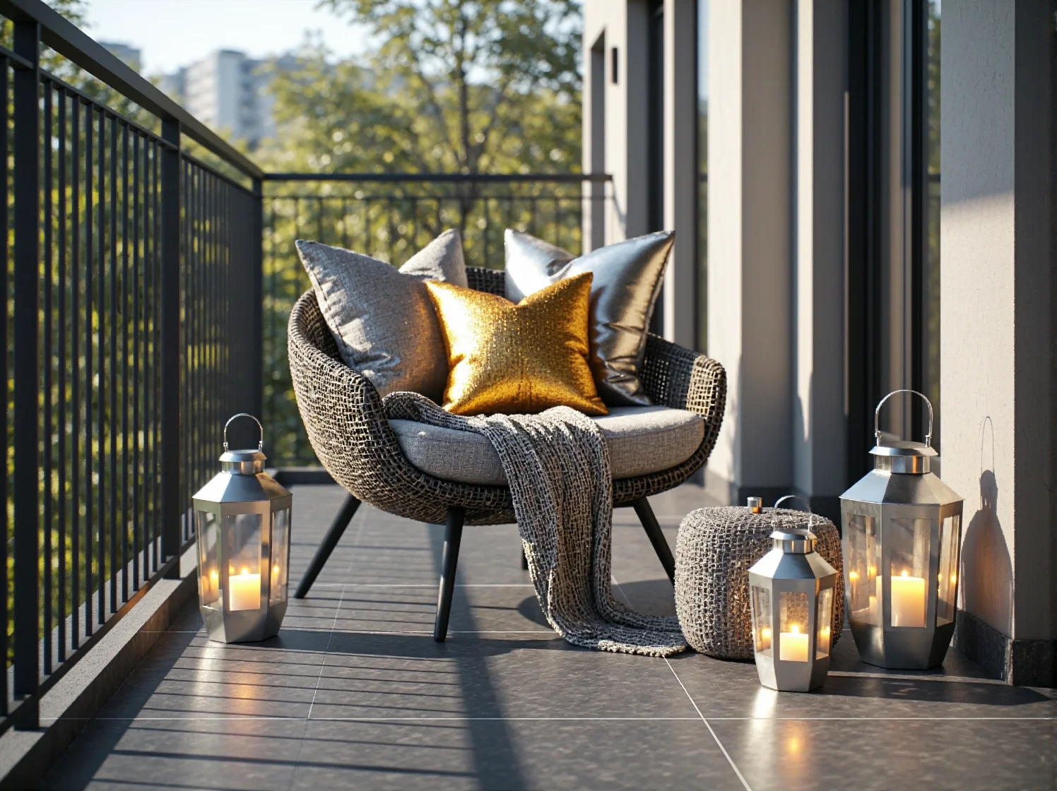 Złote i srebrne oświetlenie LED tworzące luksusowy klimat na balkonie