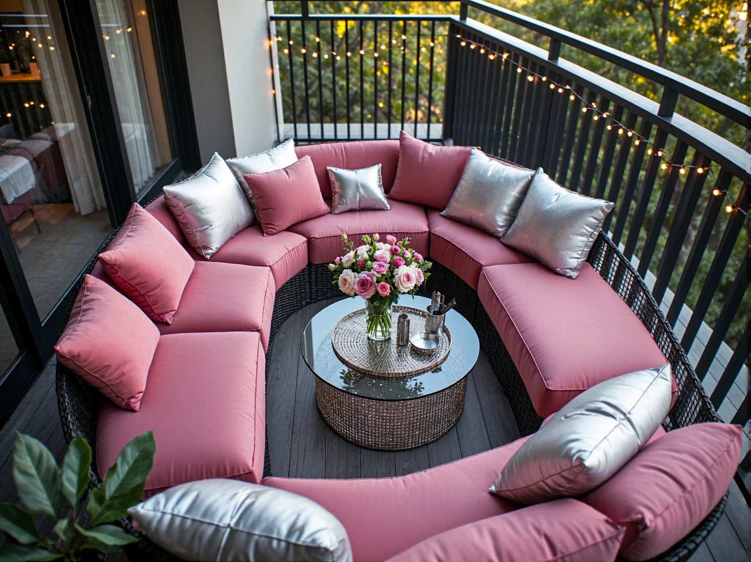 Wieczorna aranżacja luksusowego balkonu z girlandami LED i różowymi akcentami dekoracyjnymi.