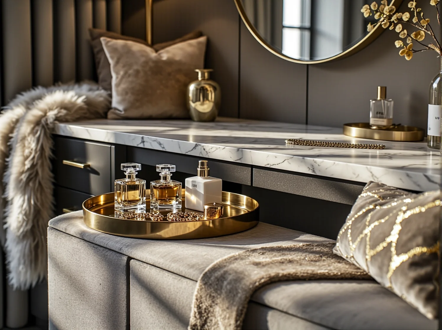 Lustrzana komoda i złote dodatki optycznie powiększające wnętrze małego mieszkania w stylu glamour.