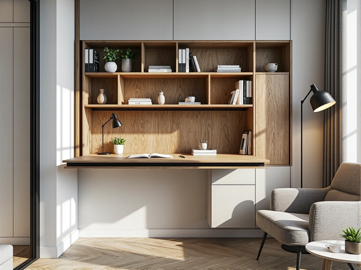 Małe biurko do pracy zdalnej ustawione przy oknie w małym mieszkaniu