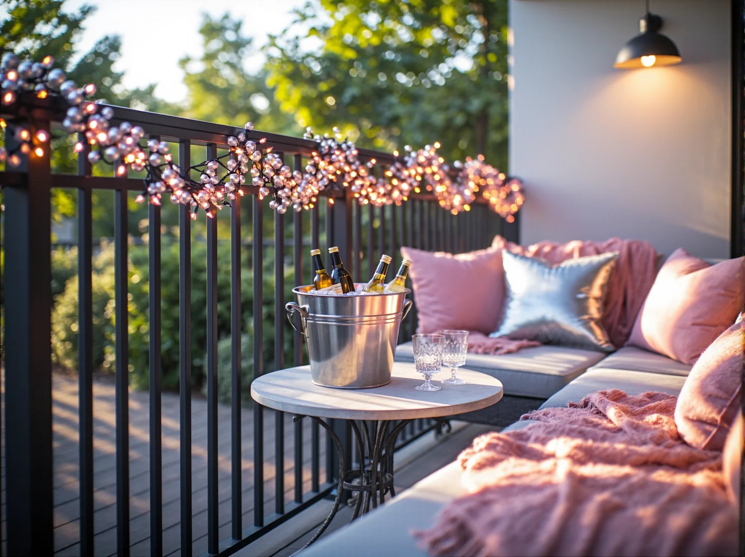 Wygodne meble balkonowe w aranżacji glamour z nowoczesnym oświetleniem LED i srebrnymi dekoracjami.