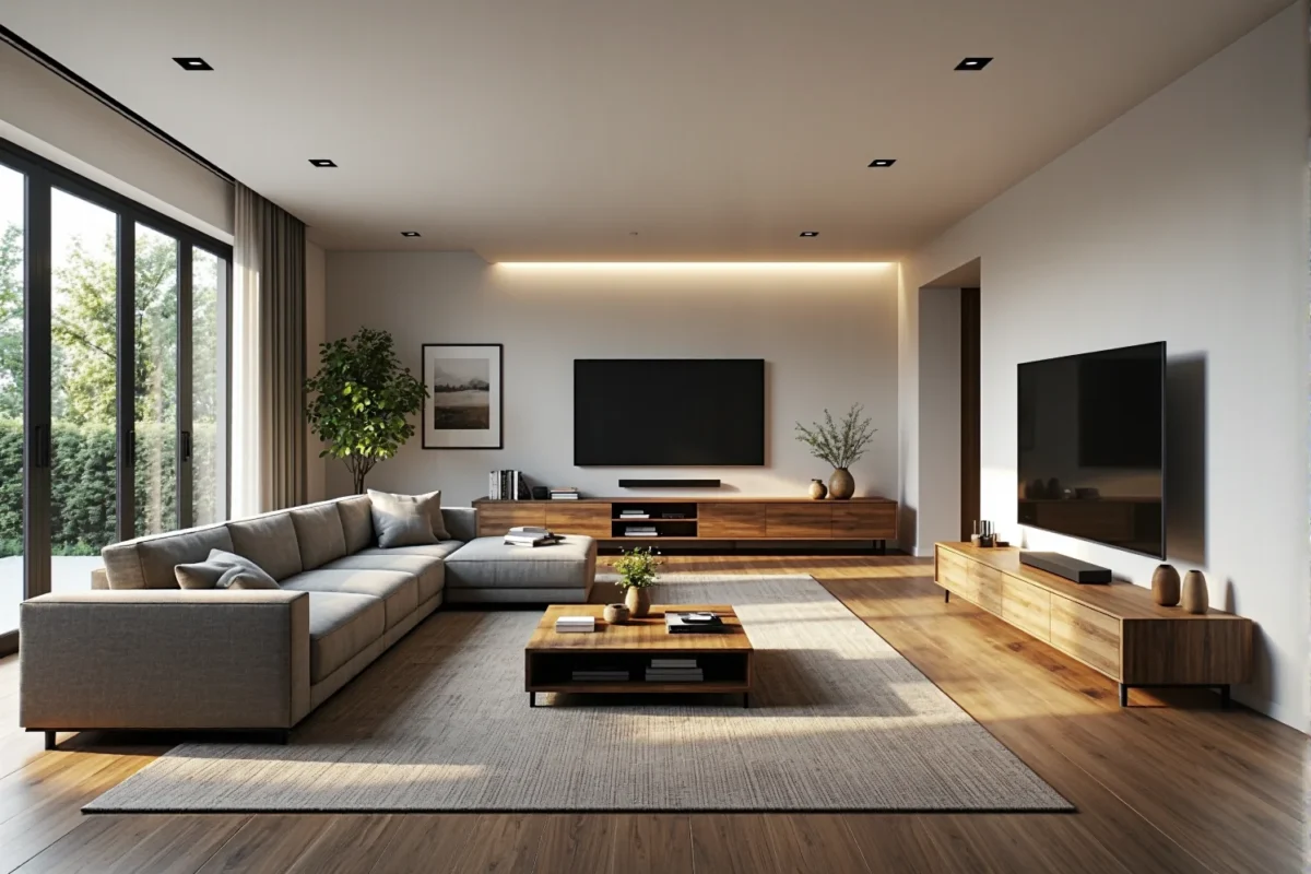 Niska szafka RTV orzech z otwartymi półkami na metalowych nogach