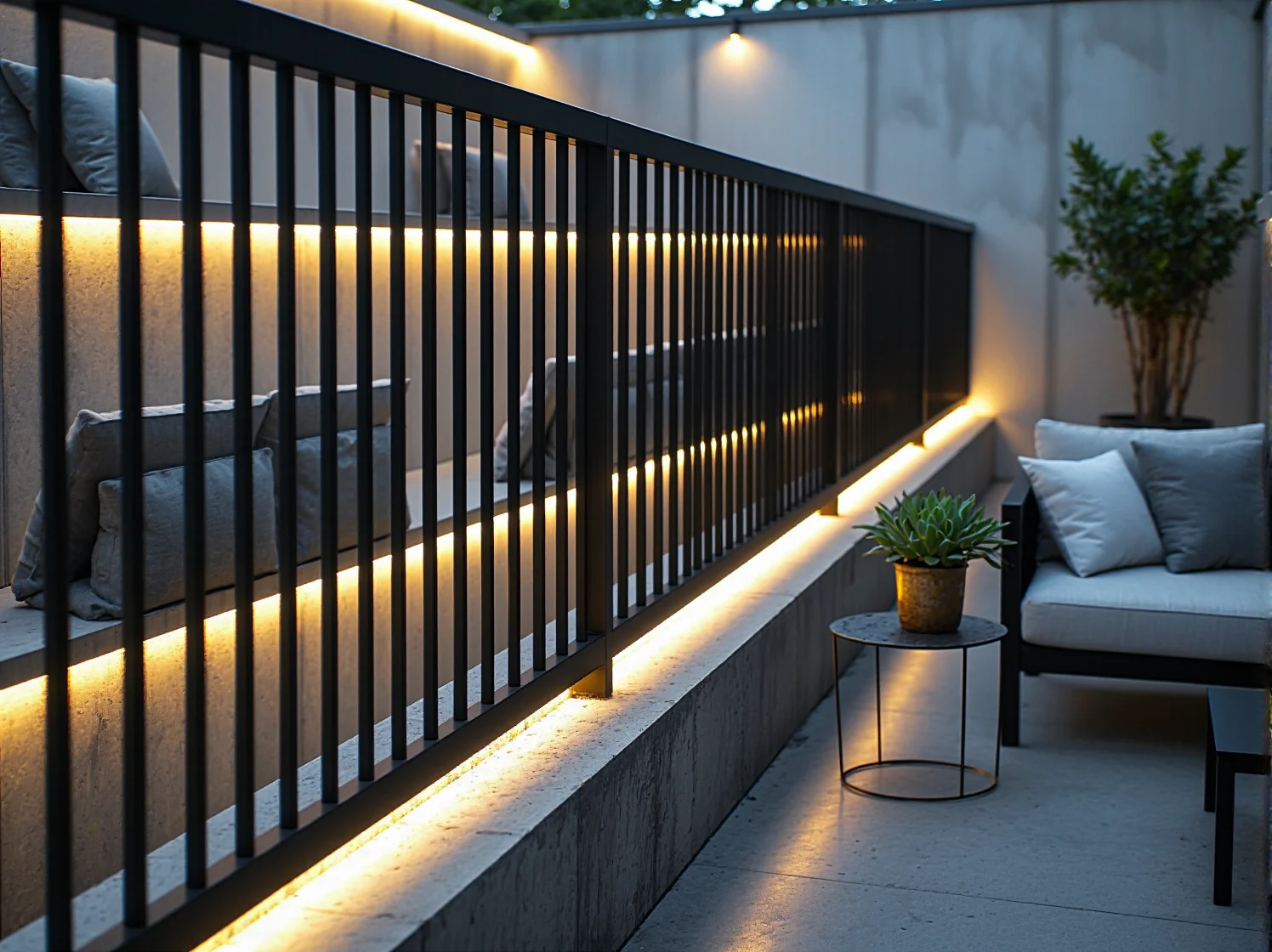 Metalowe meble ogrodowe na tarasie industrialnym z podświetleniem LED