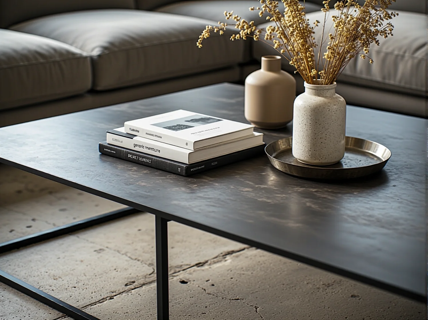 Przestronny salon loftowy z narożnikiem, stolikiem kawowym i surowym oświetleniem.