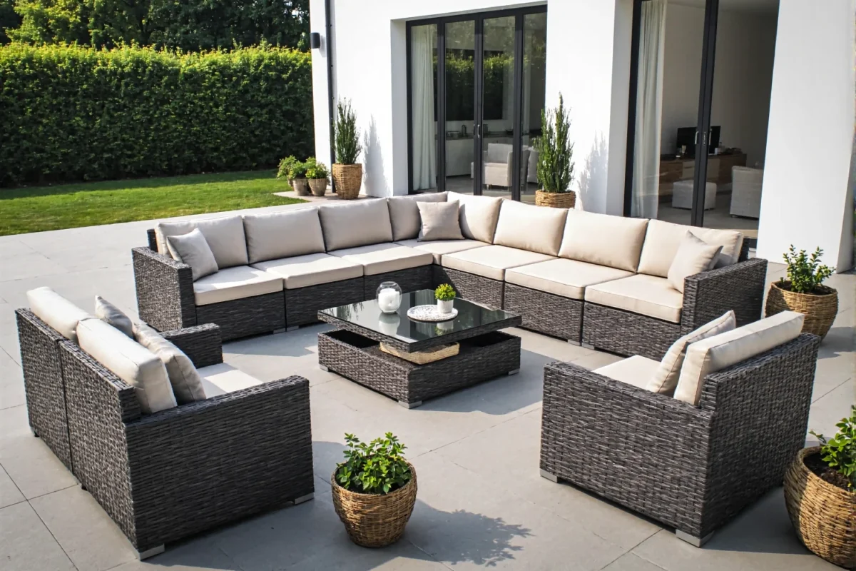 Zestaw mebli ogrodowych technorattan grafitowy z beżowymi poduszkami