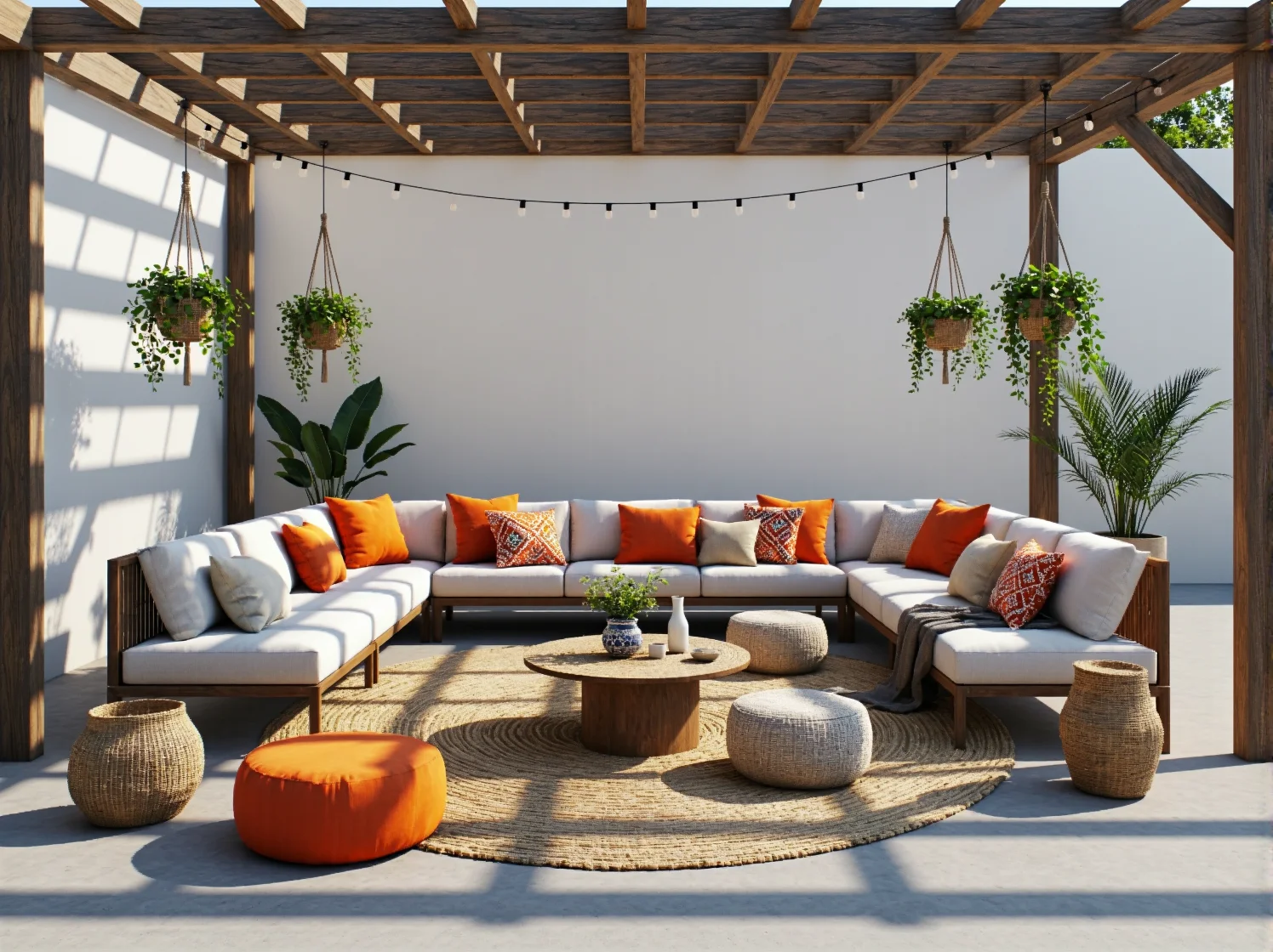 Stylowe meble rattanowe na słonecznym tarasie boho ozdobionym makramami i kwiatami.