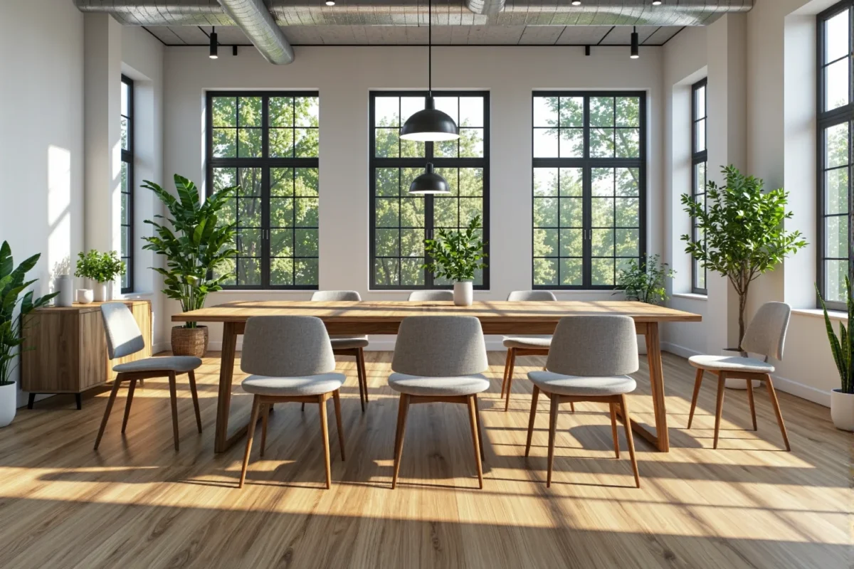 Skandynawski stół konferencyjny dębowy z szarymi krzesłami tapicerowanymi