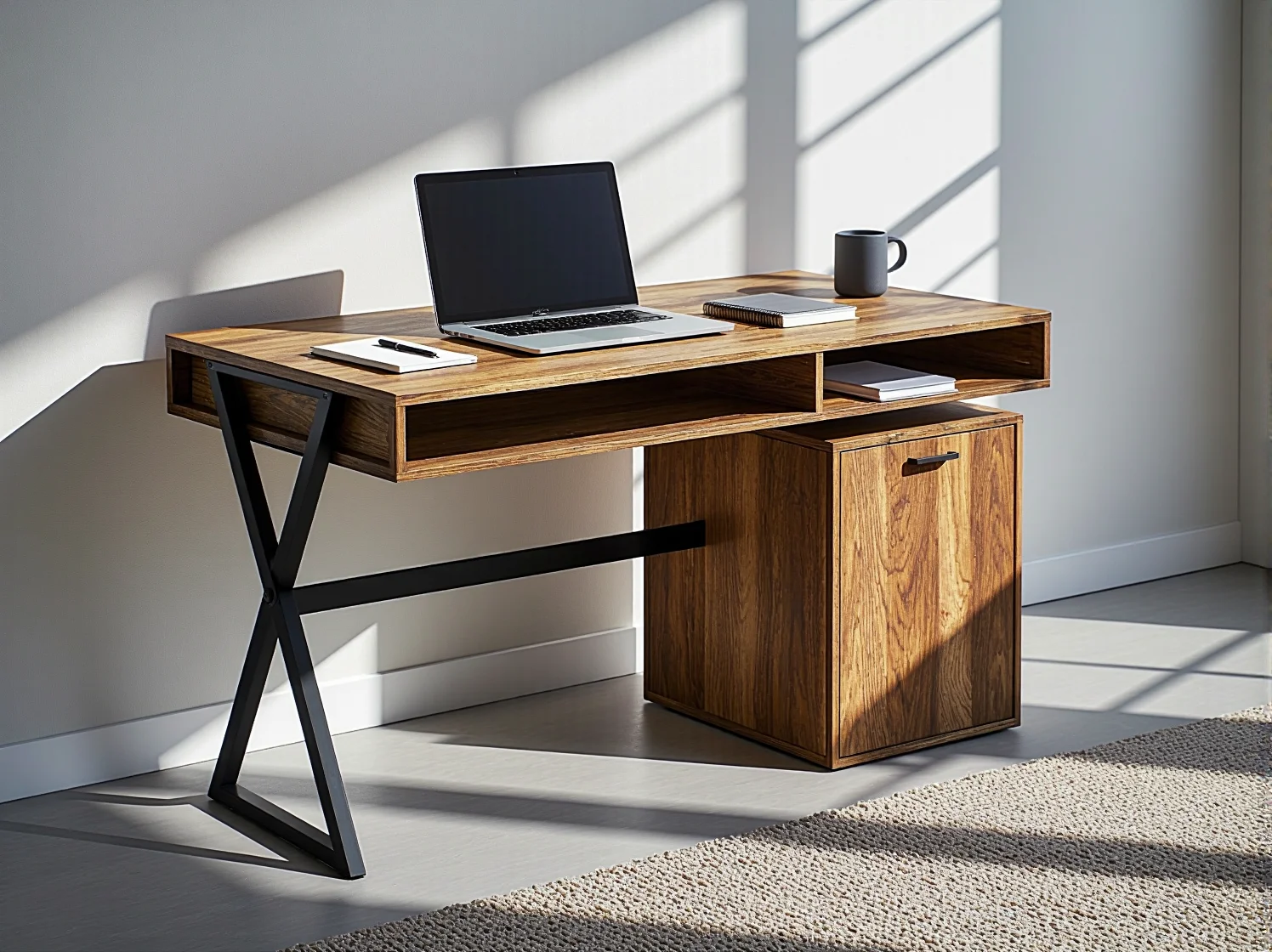 Lekka konstrukcja ze sklejki i płyt laminowanych w meblach wielofunkcyjnych do małych wnętrz.