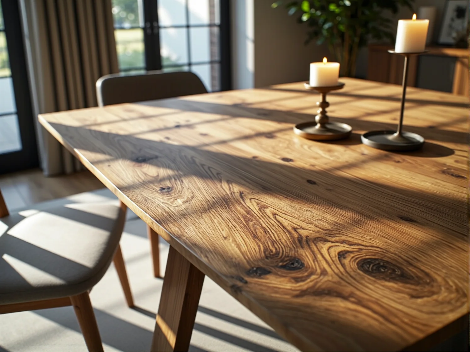 Naturalne meble z litego drewna dębowego o wysokiej estetyce i unikalnej strukturze słojów.