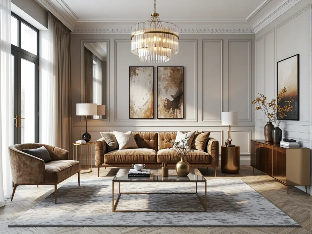 Elegancka sofa beżowa welurowa ze złotymi nóżkami w stylu glamour