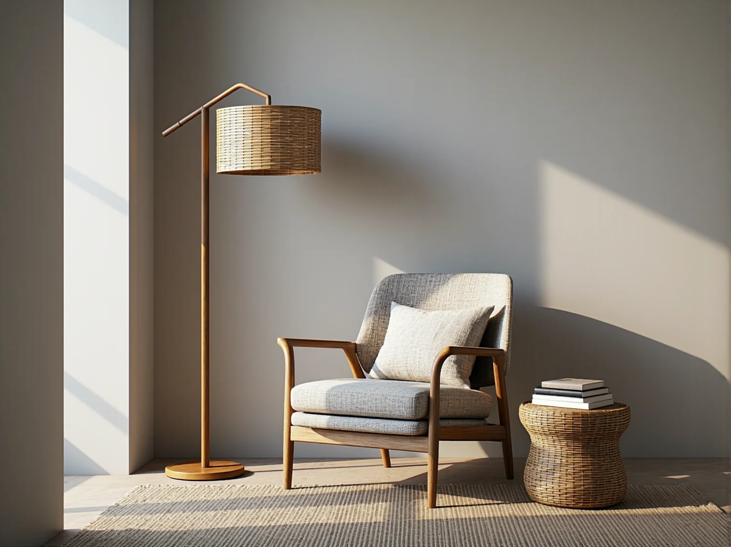 Kącik do medytacji japandi z matą tatami i naturalnym oświetleniem, ekologiczne wnętrze.