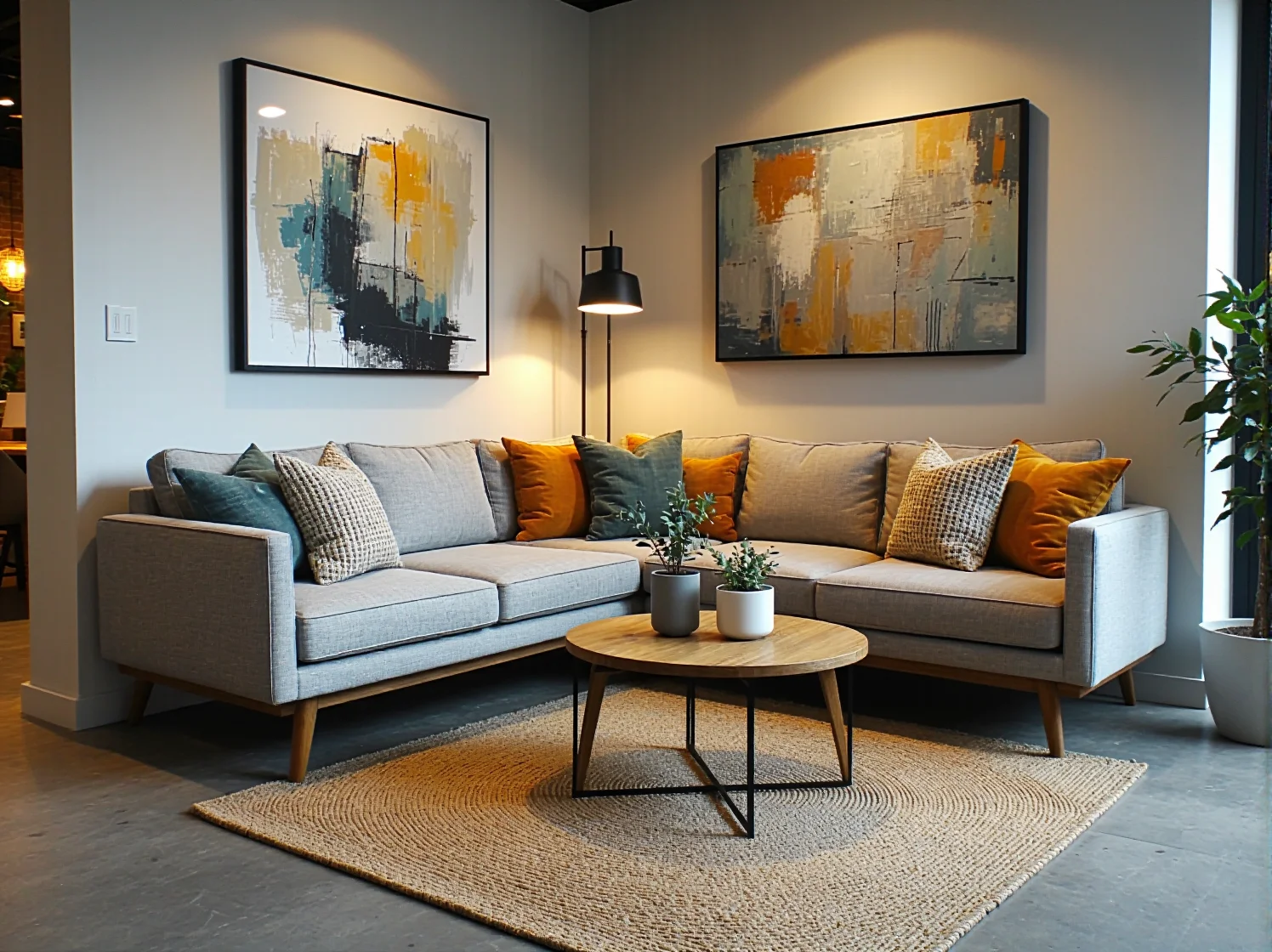 Modułowe sofy i regały skandynawskie w strefie relaksu biura coworkingowego łączące design z funkcjonalnością.