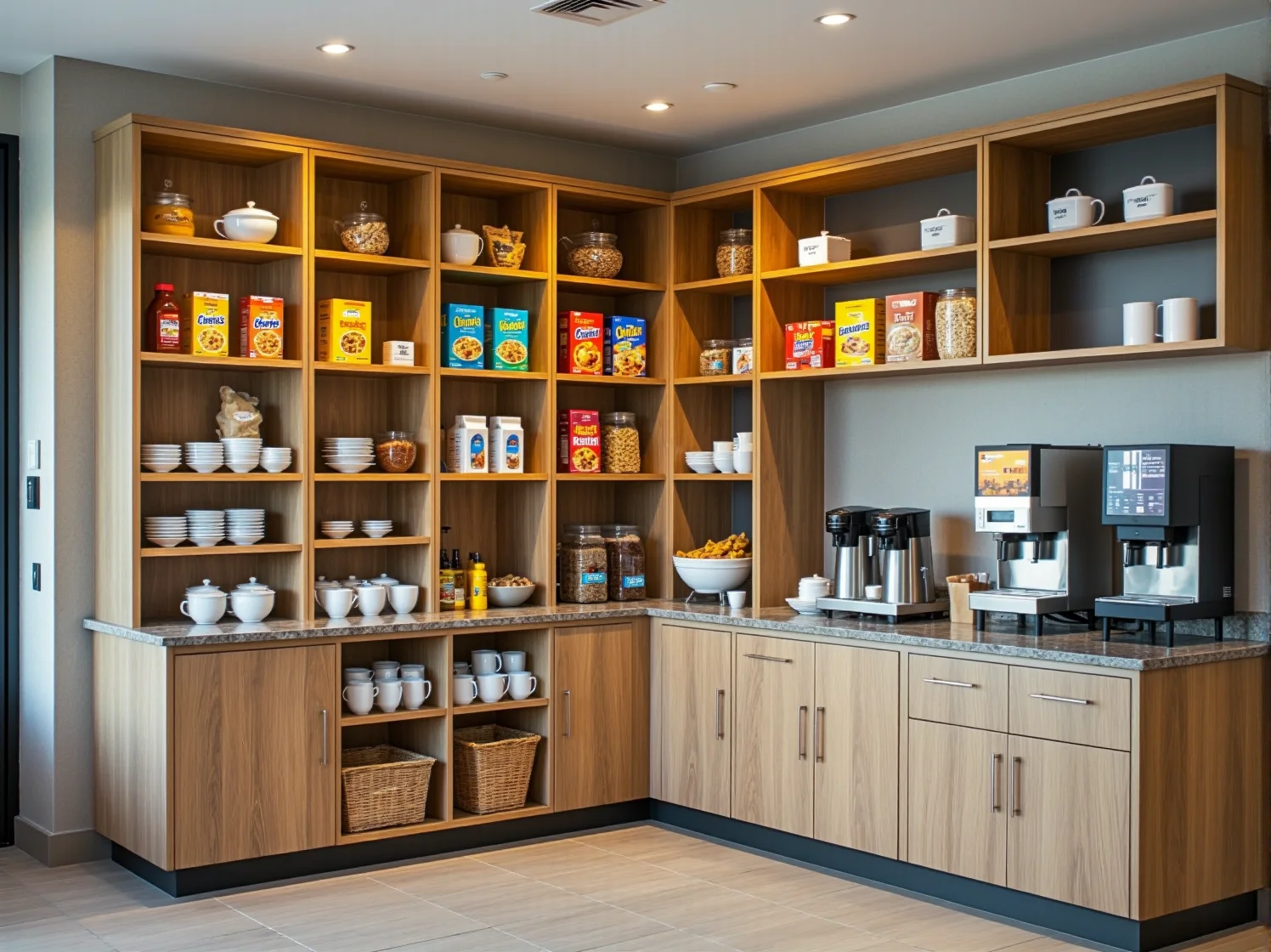 Funkcjonalny regał gastronomiczny na naczynia i tace w strefie śniadaniowej hotelu.