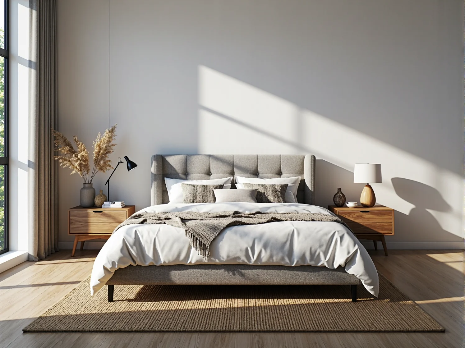 Tapicerowane łóżko skandynawskie szare z pikowanym zagłówkiem