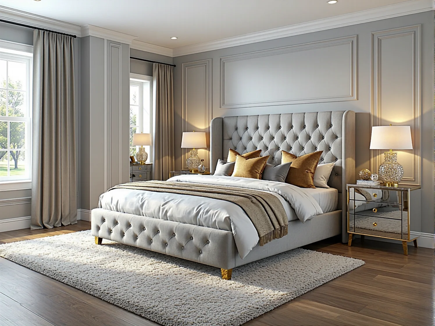 Tapicerowane łóżko glamour szare z pikowanym zagłówkiem i złotymi nóżkami
