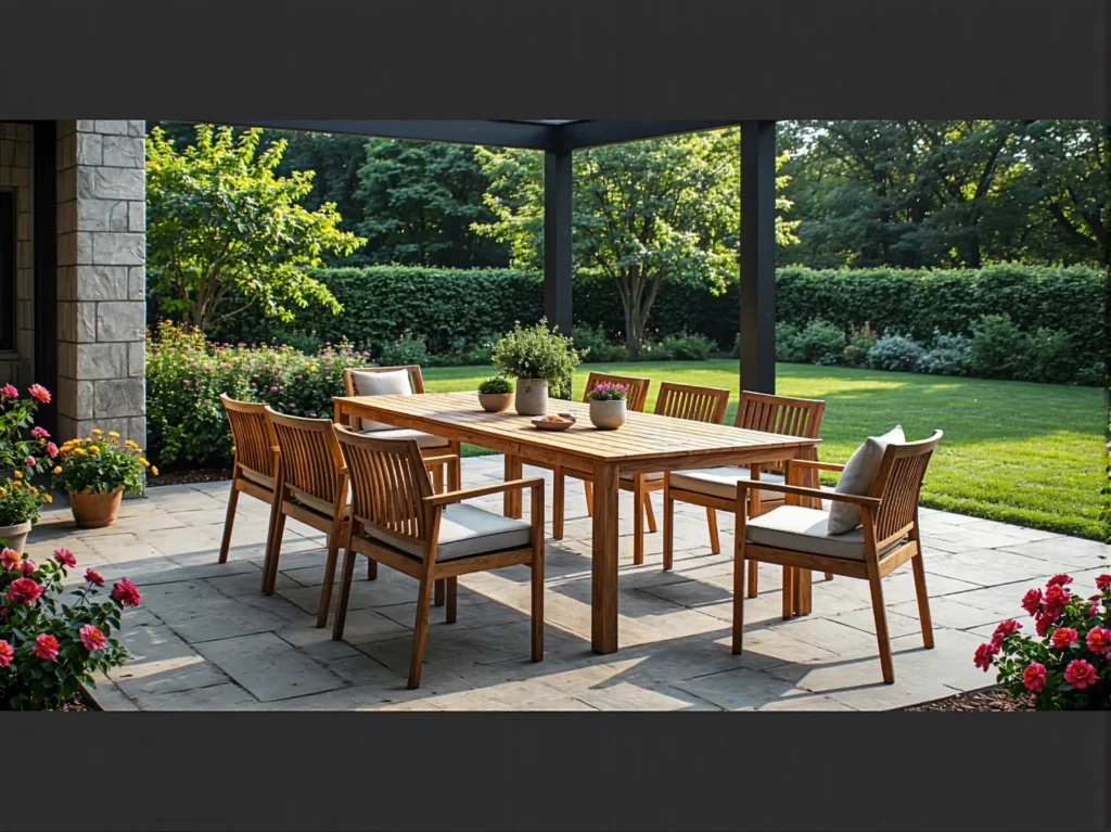 Drewniany zestaw ogrodowy stół z ośmioma krzesłami z poduszkami