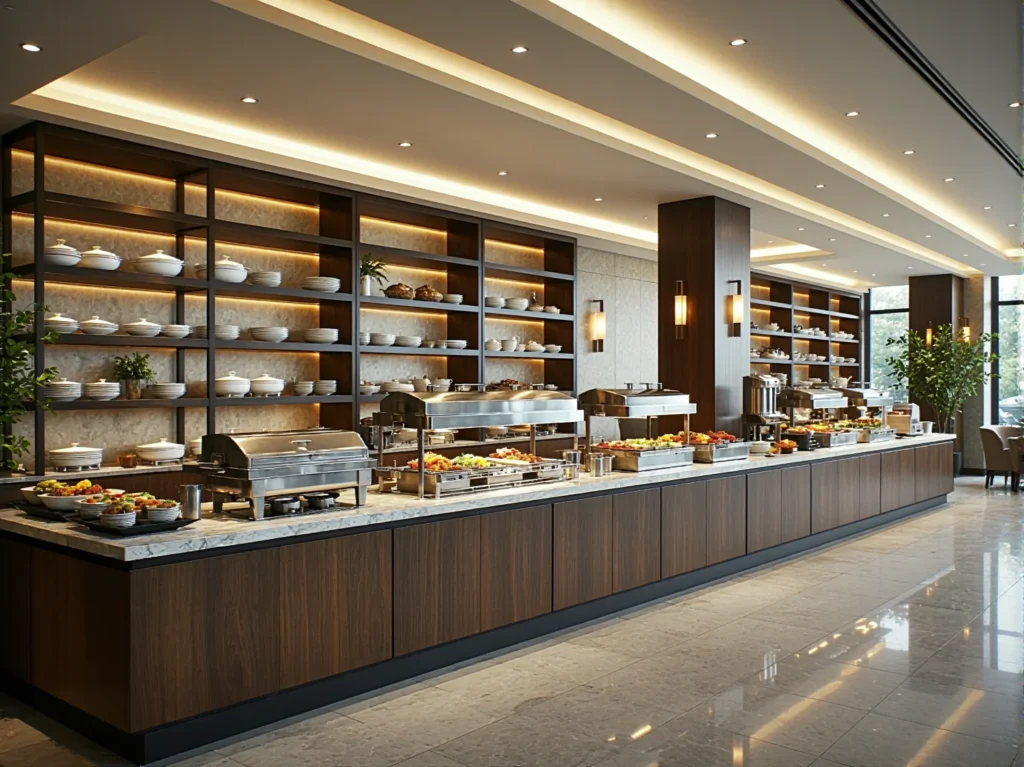 Regały bufetowe orzech z oświetleniem LED i otwartymi półkami