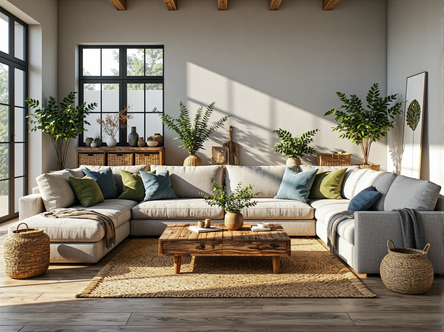 Narożna sofa modułowa beżowo-szara z kolorowymi poduszkami