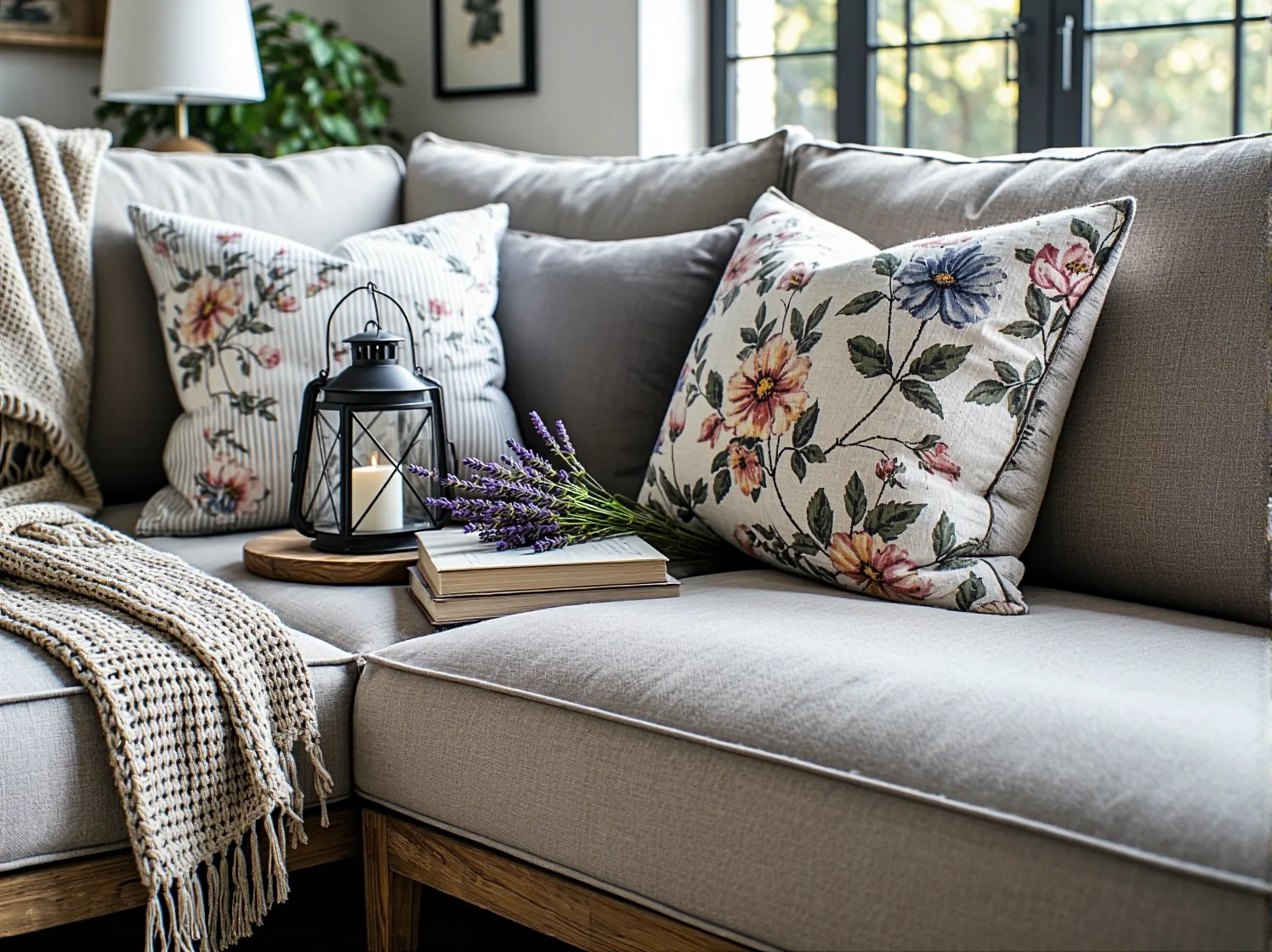 Wygodny narożnik ogrodowy z jasnymi poduszkami na przytulnym tarasie w klimacie Prowansji.