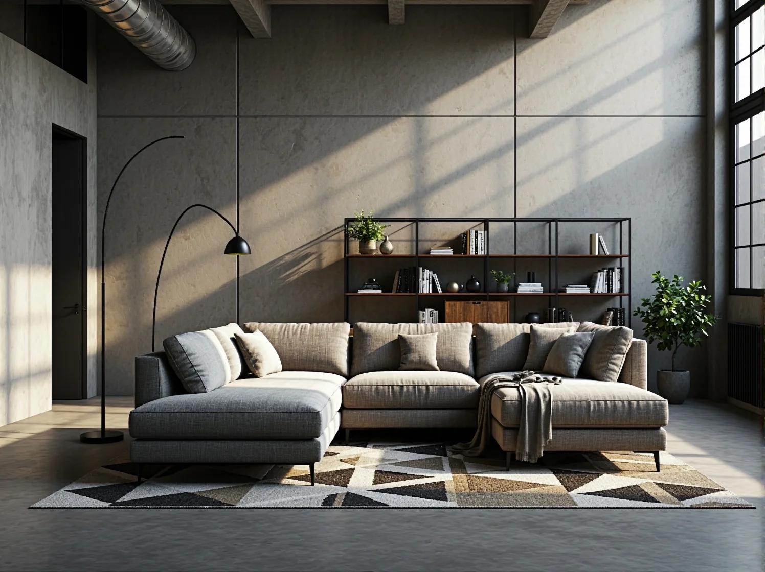 Detal mebli loftowych: narożnik z ciemną tapicerką i metalowymi nóżkami w pokoju dziennym.