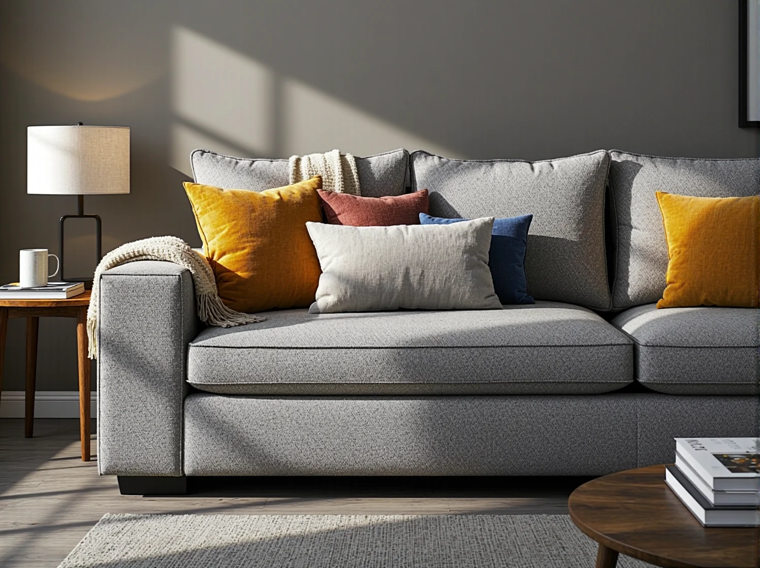 Szary narożnik L idealnie oddzielający strefę wypoczynkową od jadalni i kuchni.