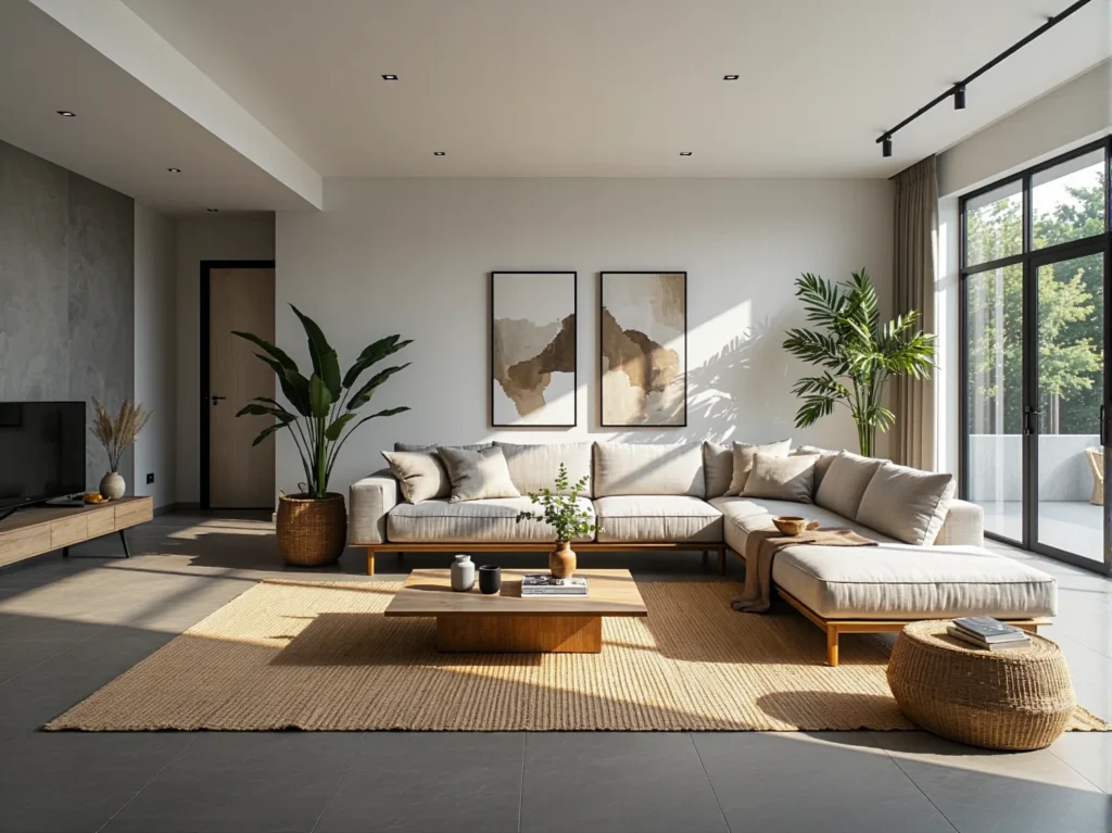 Narożna sofa beżowa na drewnianych nóżkach z poduszkami