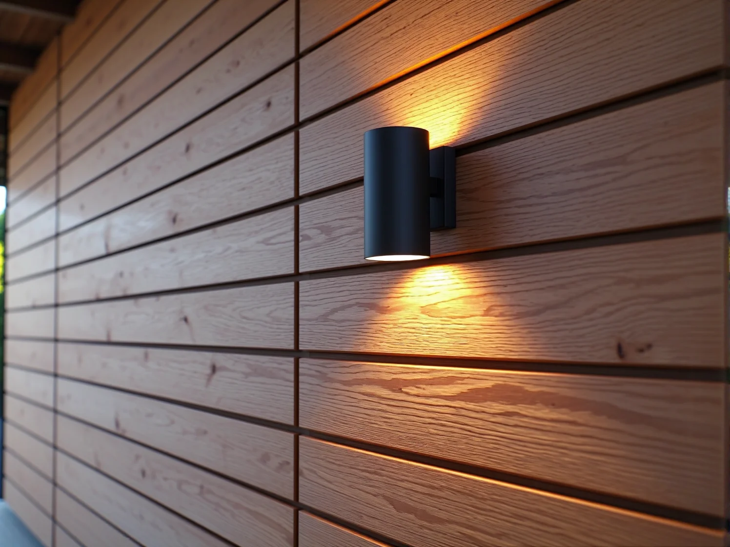 Nowoczesna czarna lampa elewacyjna zamontowana na pionowych deskach z naturalnego drewna.